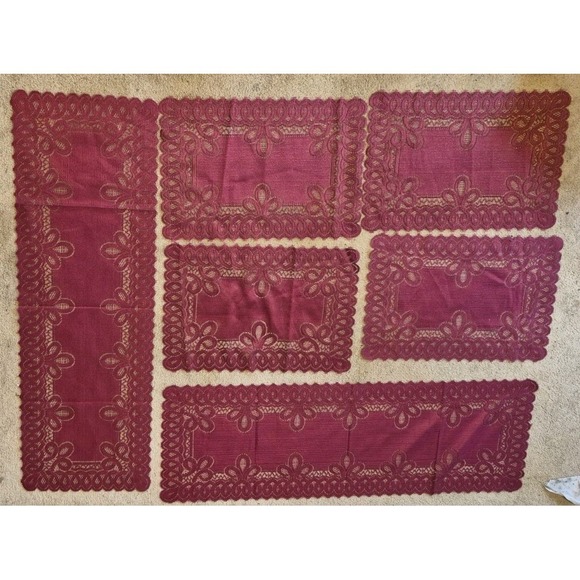 Other - Burgundy Lace Table Runner & Placemat Set – 6pc Matching Vintage Style